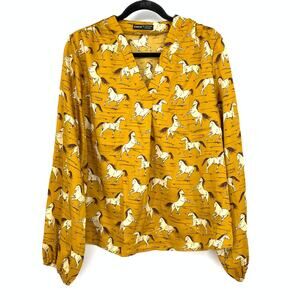 Shein Split Neck Blouse Womens Size Large Long Sleeve Gold Tan Horse Print